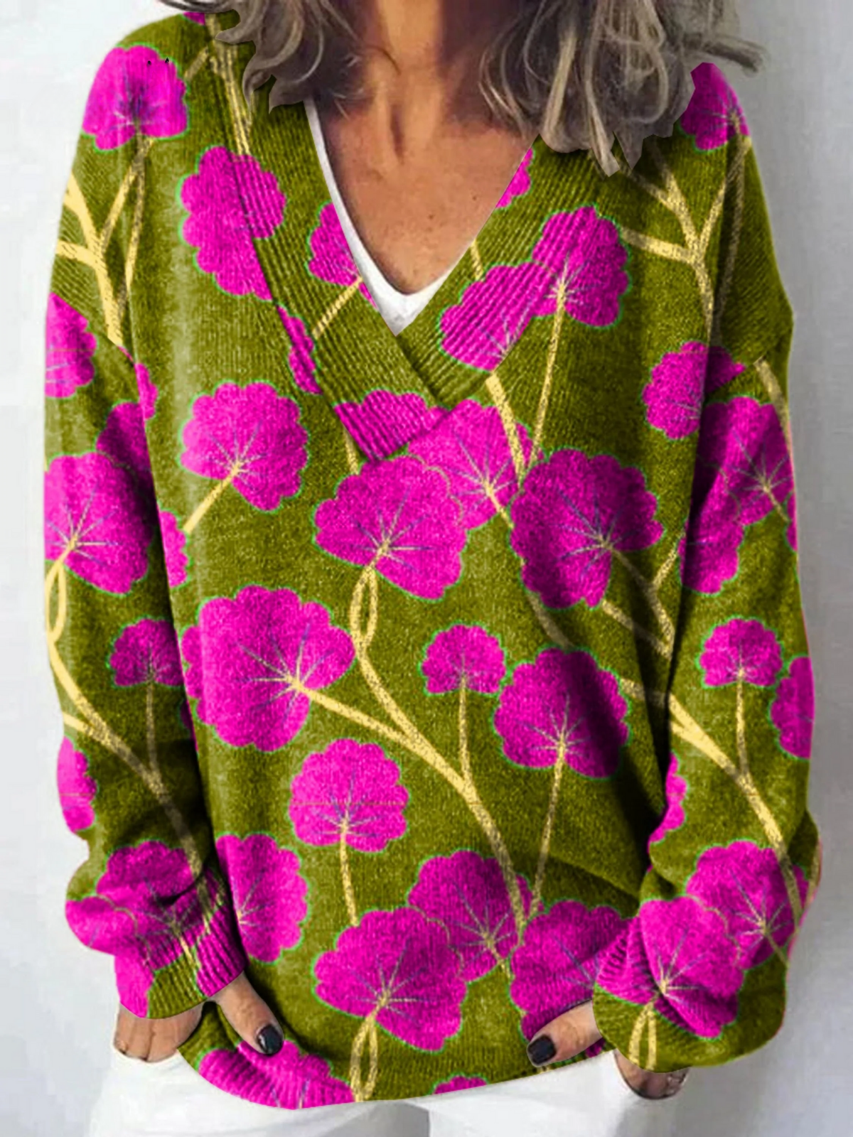 Vintage Blomkonsttryck Stickad V-ringad Tröja