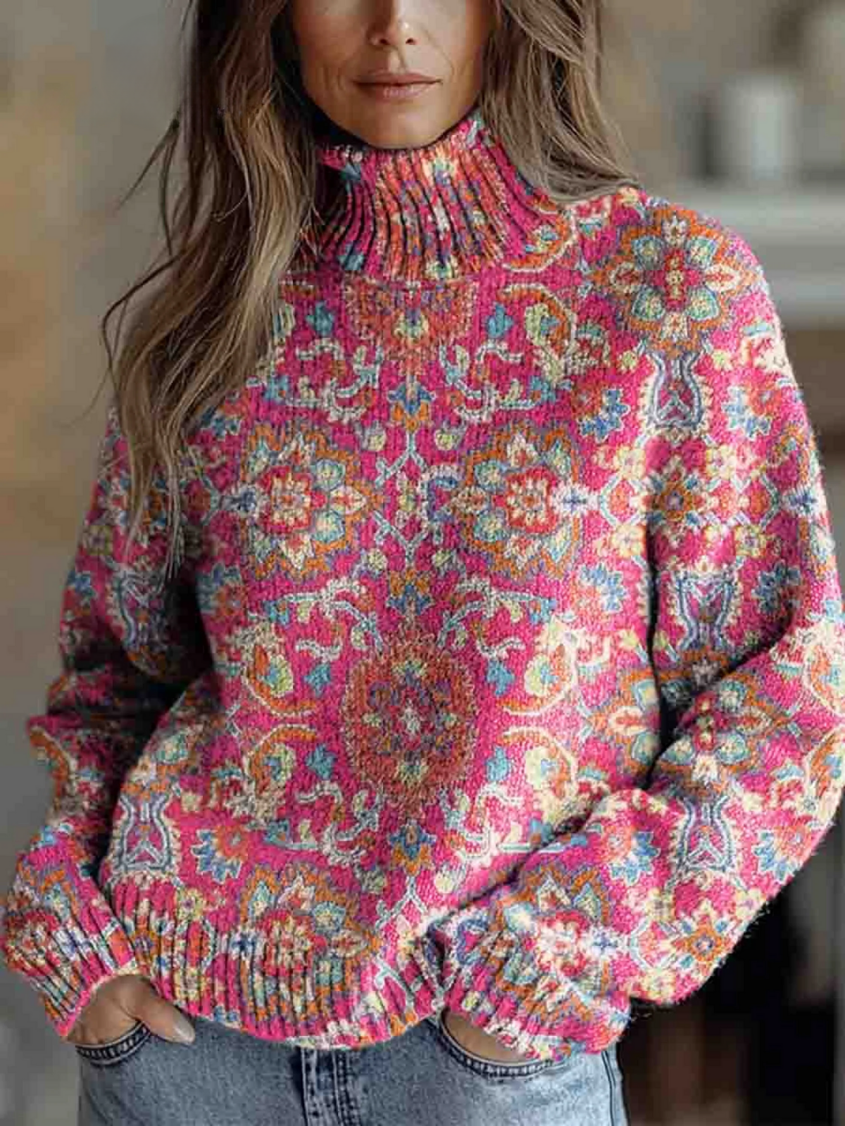 Lovisa | Retro Etnisk Blommig Turtleneck