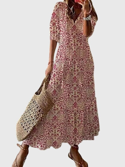Elsa | Boho Vintage Sommardress i Ljus Bomull med Traditionell Vävning, Blå