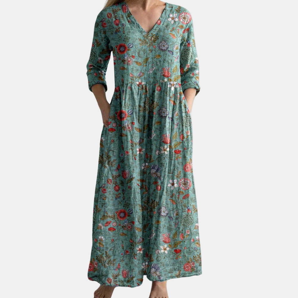 Tyra | grön klänning med halvlång ärm och blommönster