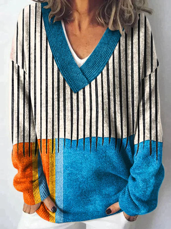 Minimalistisk Abstrakt Geometri Konsttryck Stickad V-ringad Tröja