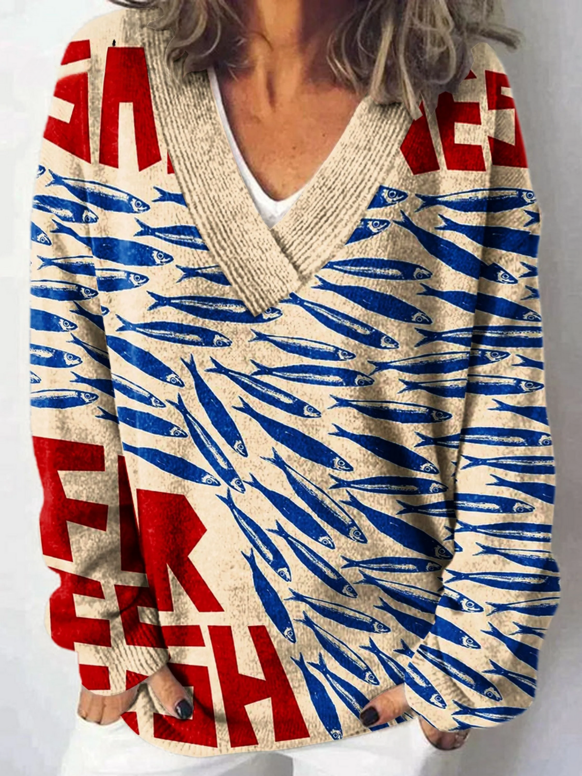 Vintage Fisk Sardiner Konsttryck Stickad V-ringad Tröja