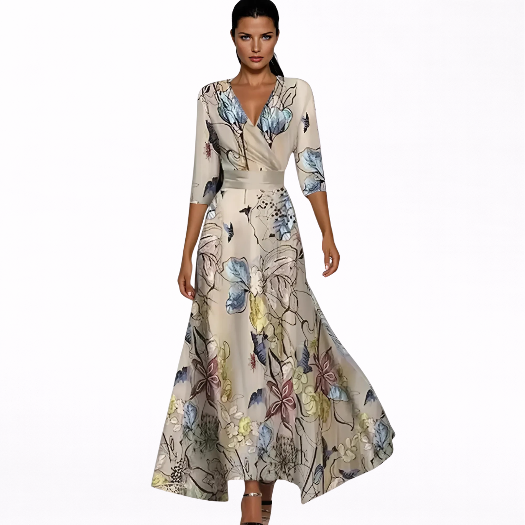 Emma | Maxi Klänning Blommig Elegant Sand/Beige