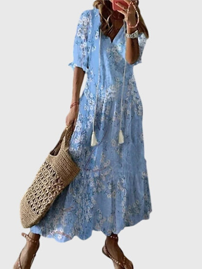 Sanna | Bohemisk Vintage Sommarklänning i Bomull, Blå