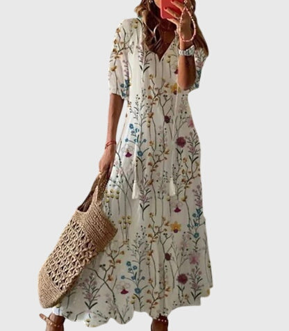 Elsa | Boho Vintage Sommardress i Ljus Bomull med Traditionell Vävning, Blå
