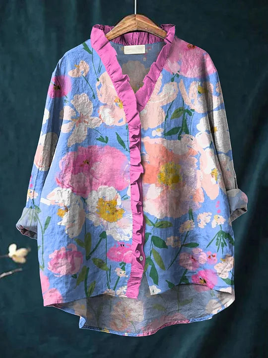 Vera | Blus Med Blommigt Himmelmotiv, Regulär Passform, Bomullsblandning