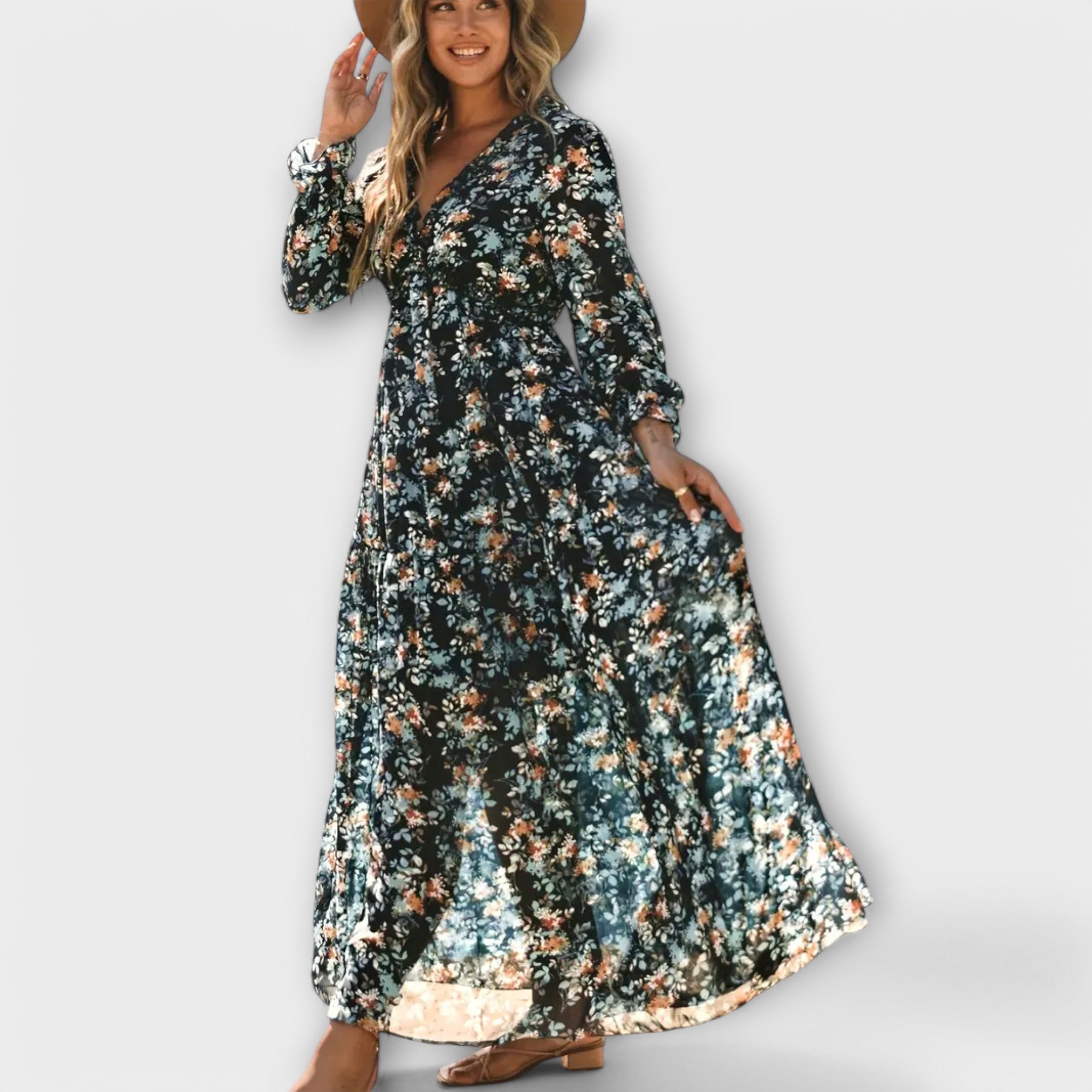Lena | flödande maxiklänning med blommönster, svart viskos
