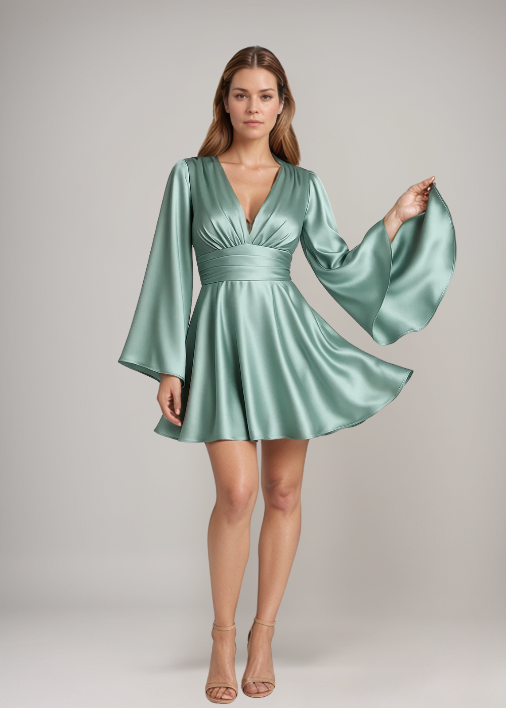 Solveig | Satinklänning med löst ärmar i amber – Grön, Svart, Grå