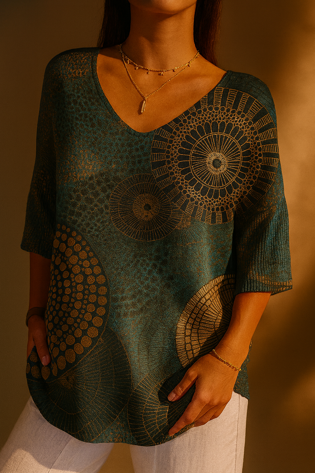 Elsa | Vintage Abstrakt Geometrisk Stickad Topp i Beige