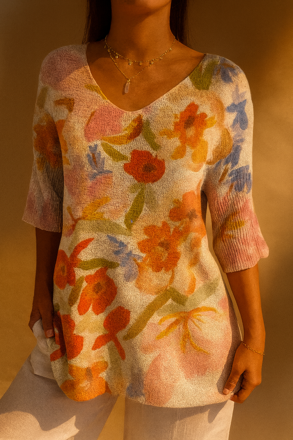 Britta | Vintage Blommig Stickad Topp