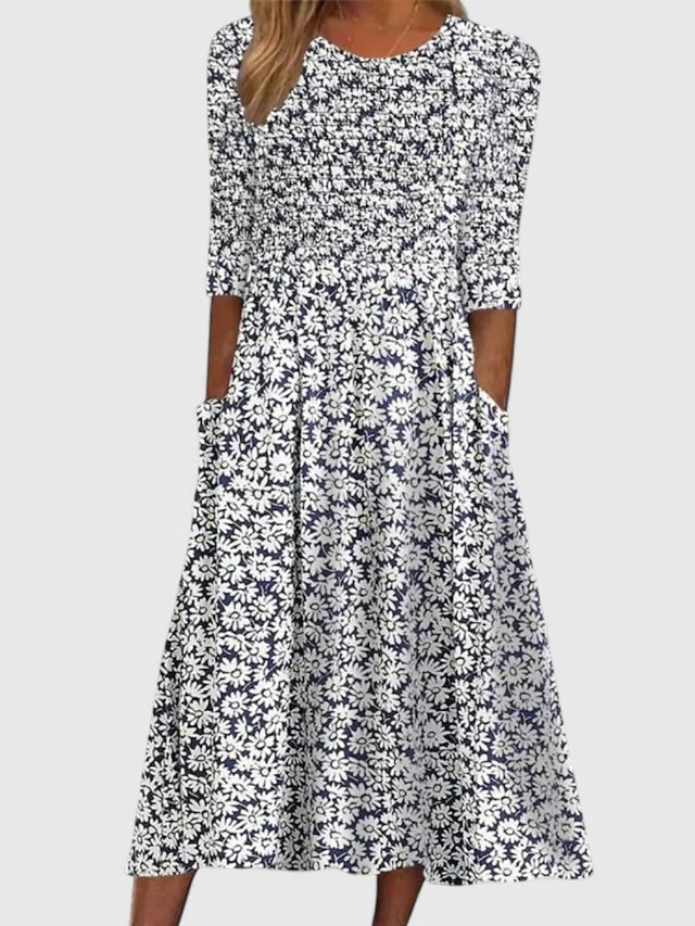 Frida | Elegant Blommig Midi Klänning i Mjukt Bomullsblend