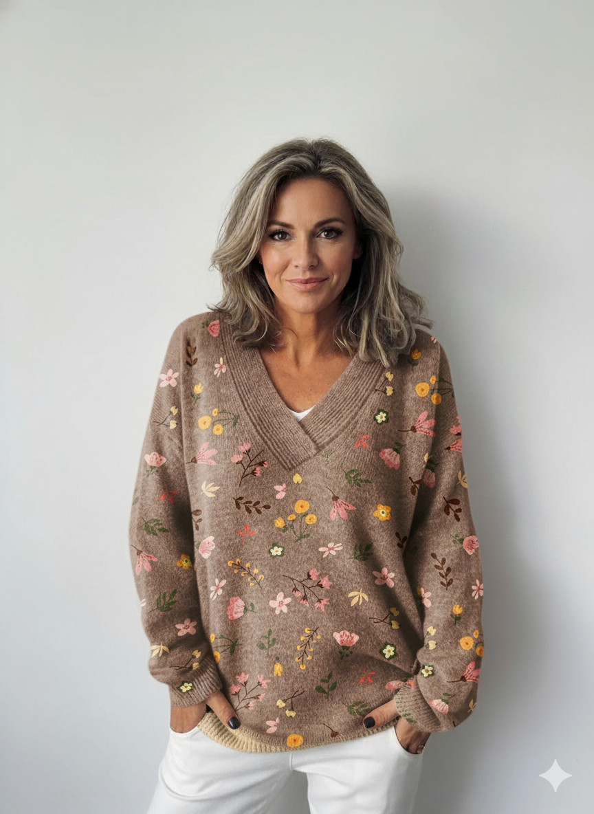 Blomkonsttryck Stickad V-ringad Tröja