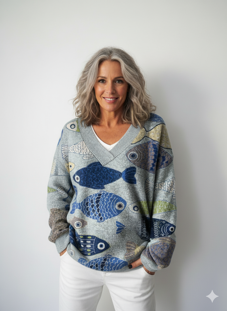 Söt Fisk Konsttryck Stickad V-ringad Tröja