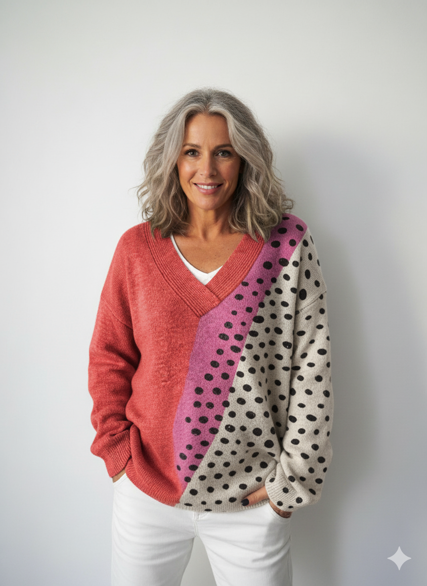 Konsttryck Stickad V-ringad Tröja