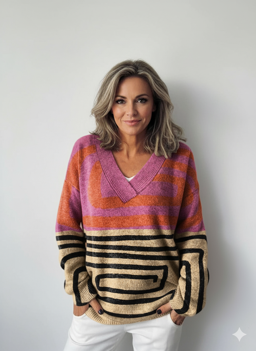 Färgglad Abstrakt Grafisk Tryck Stickad V-ringad Pullover Tröja