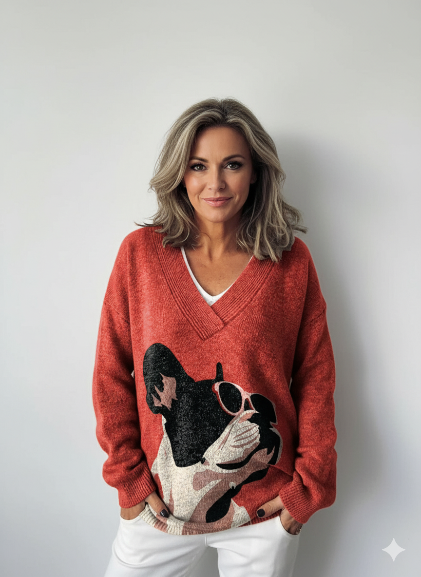 Dekorativt mönster av fransk bulldogg som bär solglasögon på röd bakgrund, stickad V-ringad tröja