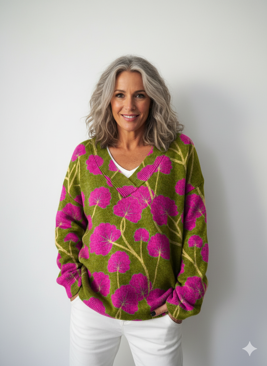 Vintage Blomkonsttryck Stickad V-ringad Tröja