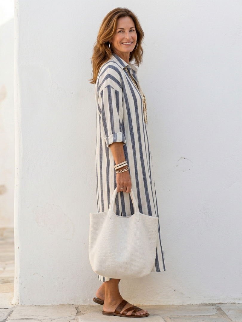 Elin | Long Sleeve Striped Midi Shirt Dress