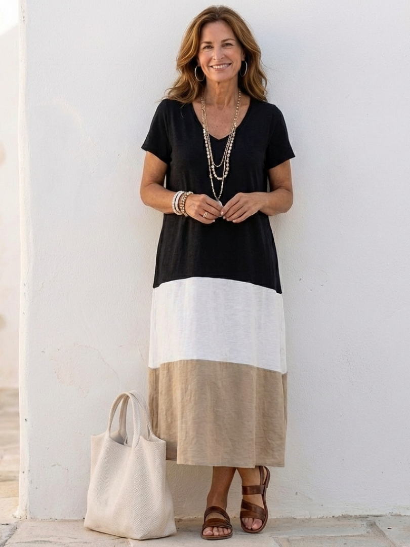 Märta | Short Sleeve Color Block V Neck Midi Dress