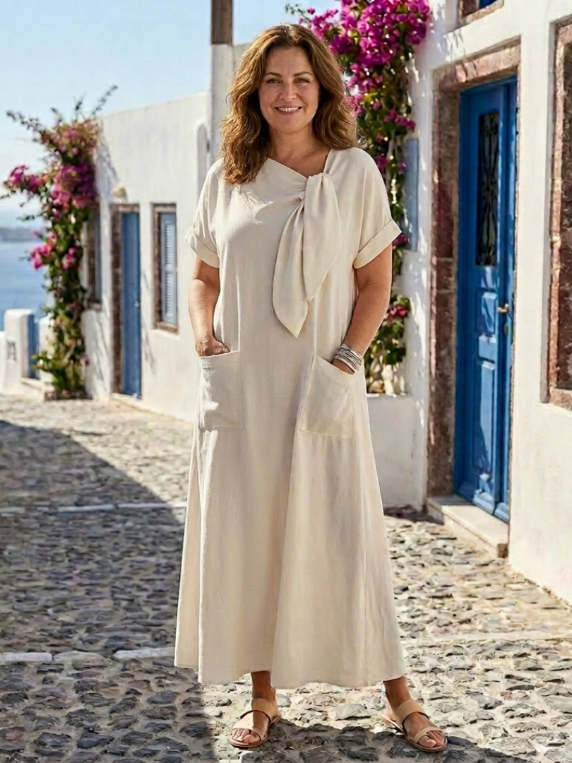 Maja | Maxiklänning Beige Rundnäck Kortärmad