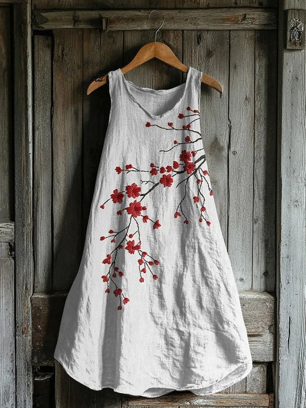 Agnes | Vintage Röd Blomma Linne Tankklänning