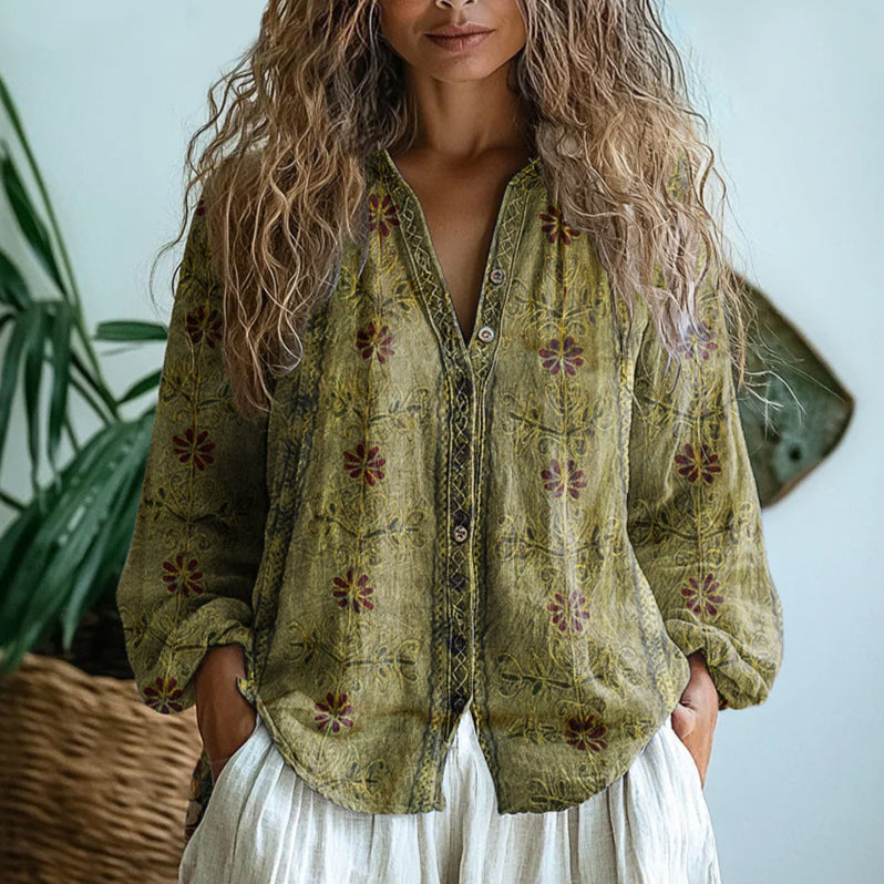 Sigrid | Vintage blus med bladtryck, överdimensionerad passform, beige bomull