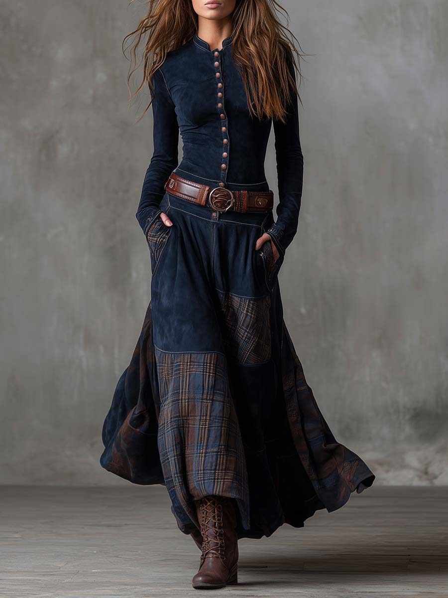 Sigrid | Vinternatt Navy Suede Maxi Klänning med Bälte