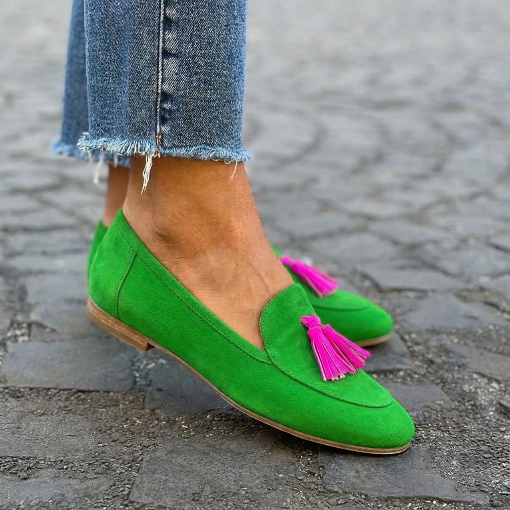 GRÖN LOAFER MED FUCHSIA FRANSAR
