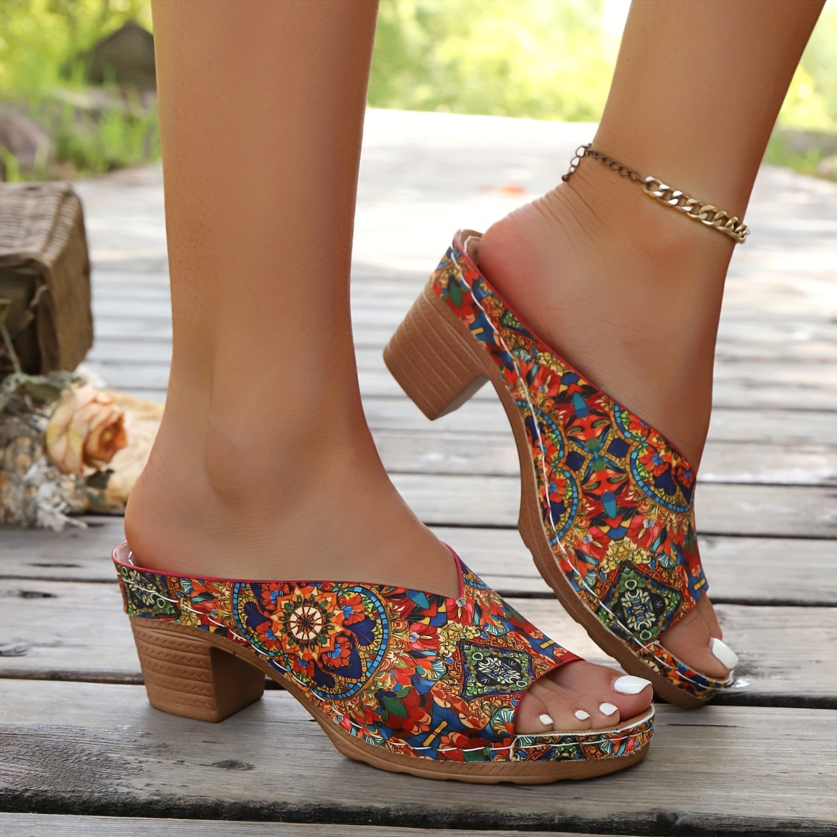 Stina | Blommig Chunky Heel Sandaler