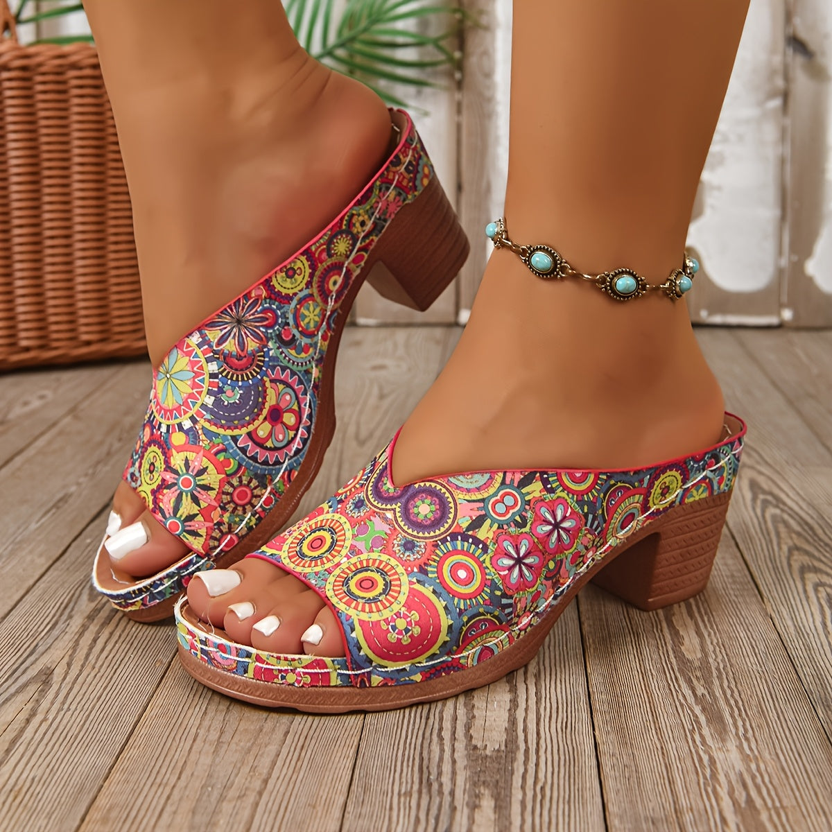 Stina | Blommig Chunky Heel Sandaler