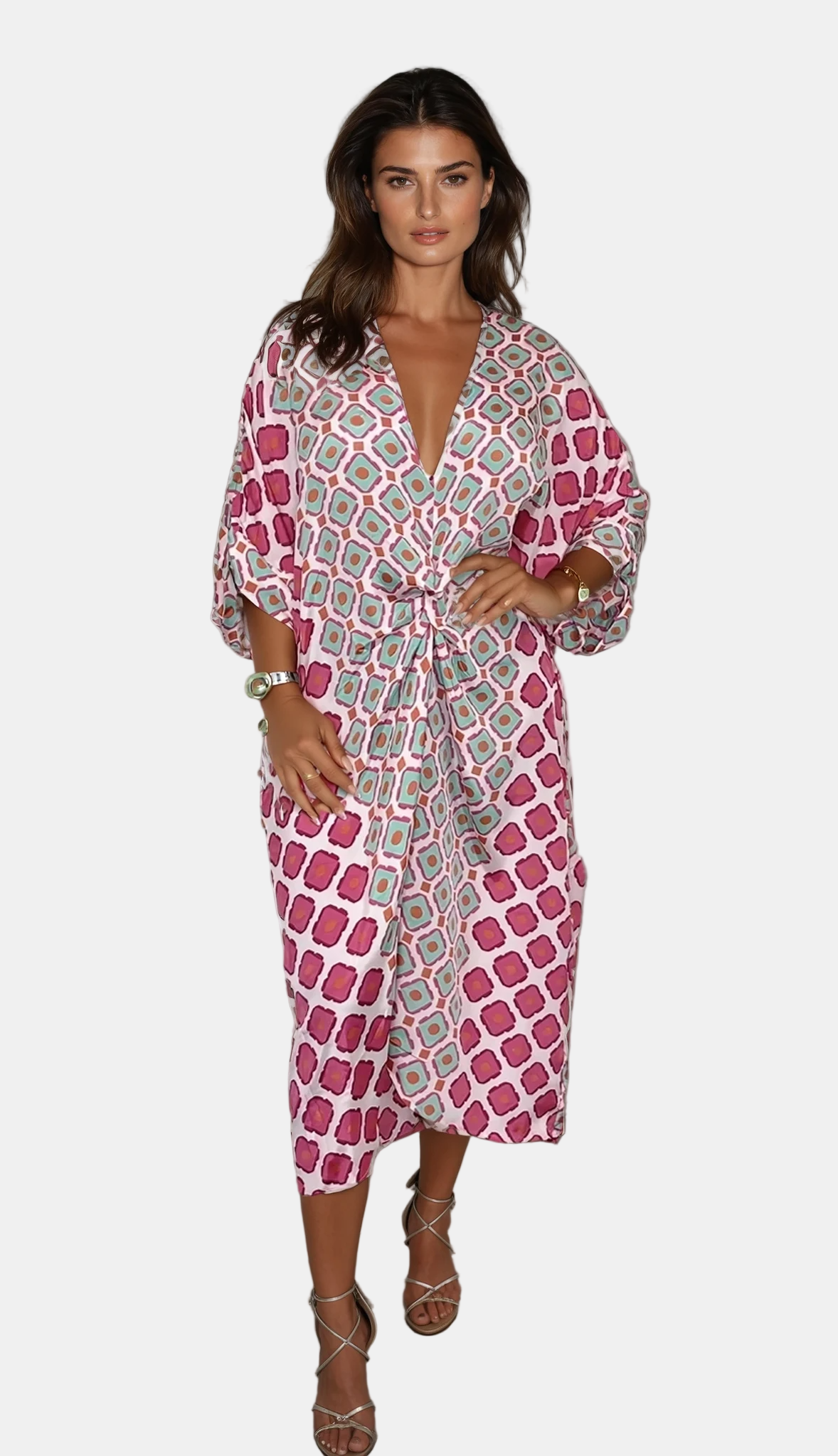 Lisa | Boho V-ringad Geometrisk Mönstrad Klänning i Viskos