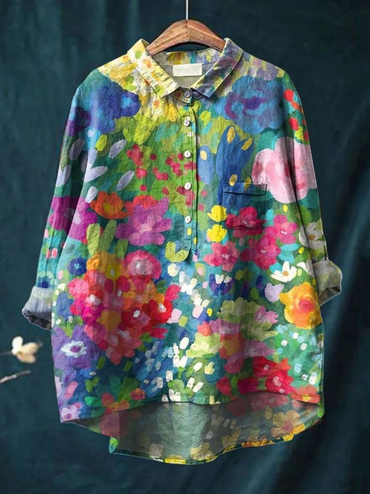Dam Vintage Söt Blommig Konsttryck Casual Linne Skjorta