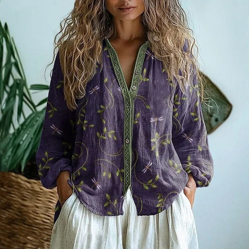 Sigrid | Vintage blus med bladtryck, överdimensionerad passform, beige bomull