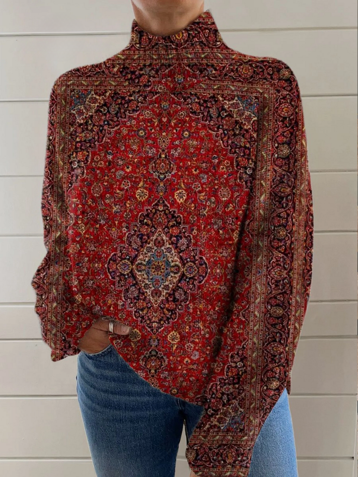 Lisa | Vintage Konsttryck Turtleneck Tröja i Svart