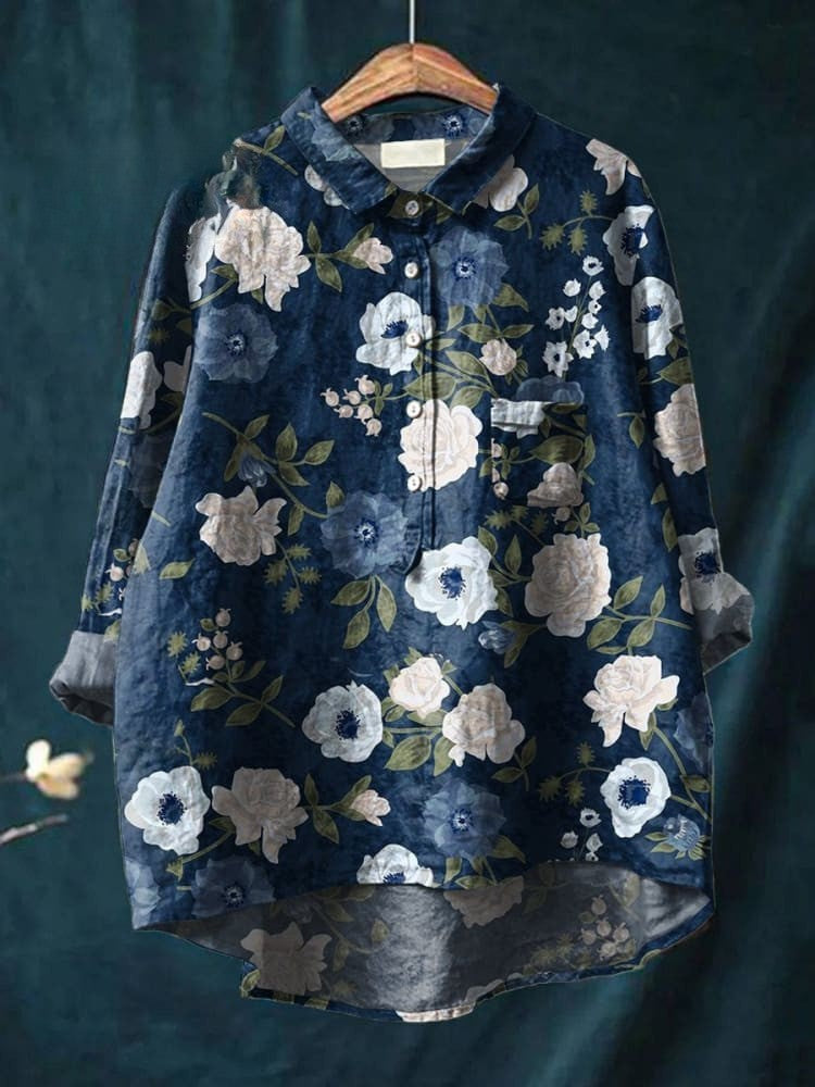 Ingrid | Klassisk Blommig Skjorta i Ekologisk Bomull, Blå