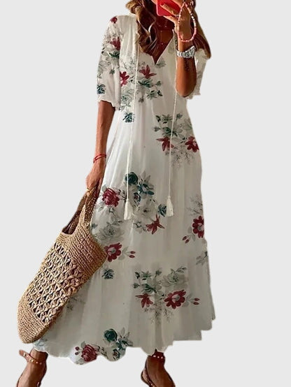 Sanna | Bohemisk Vintage Sommarklänning i Bomull, Blå