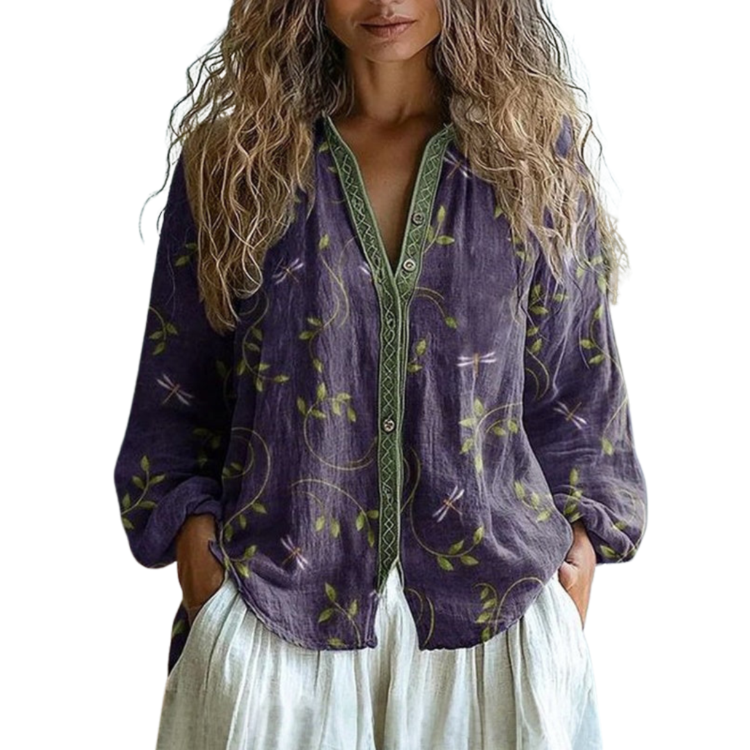 Sigrid | Vintage blus med bladtryck, överdimensionerad passform, beige bomull