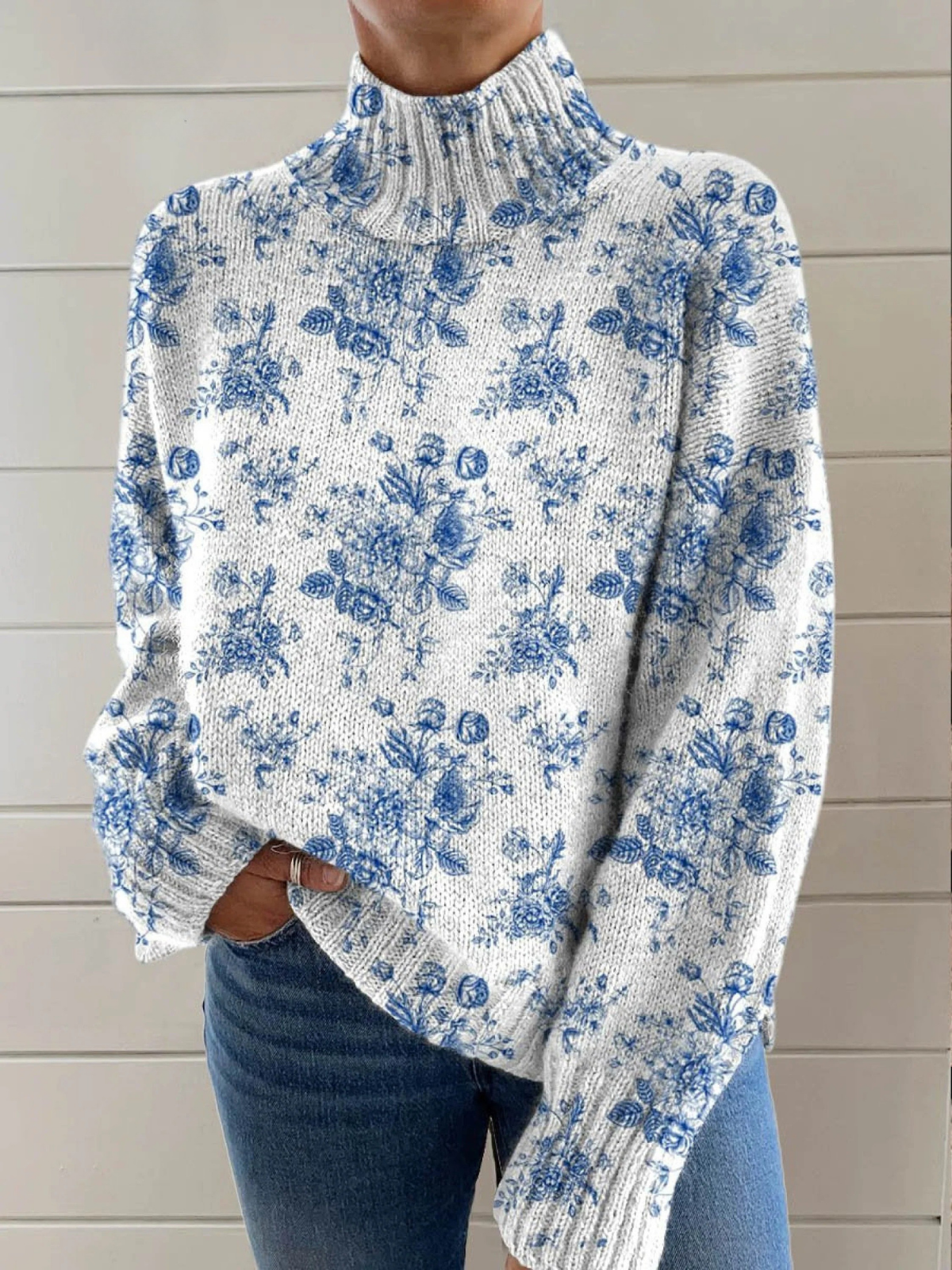 Hilda | Blå Blomma Turtleneck Tröja i Rib