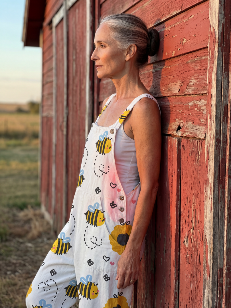 Lena | Jumpsuit med vida ben i vitt med bi- och blomtryck
