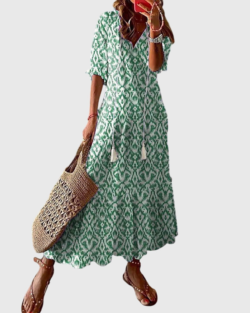 Elsa | Boho Vintage Sommardress i Ljus Bomull med Traditionell Vävning, Blå