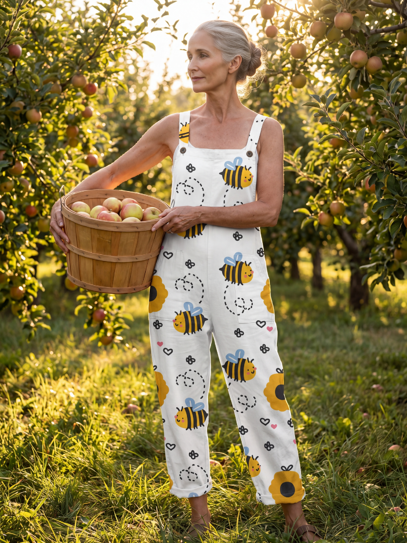 Lena | Jumpsuit med vida ben i vitt med bi- och blomtryck