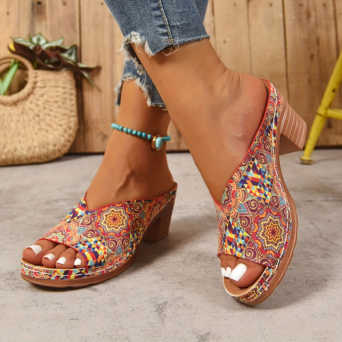 Stina | Blommig Chunky Heel Sandaler