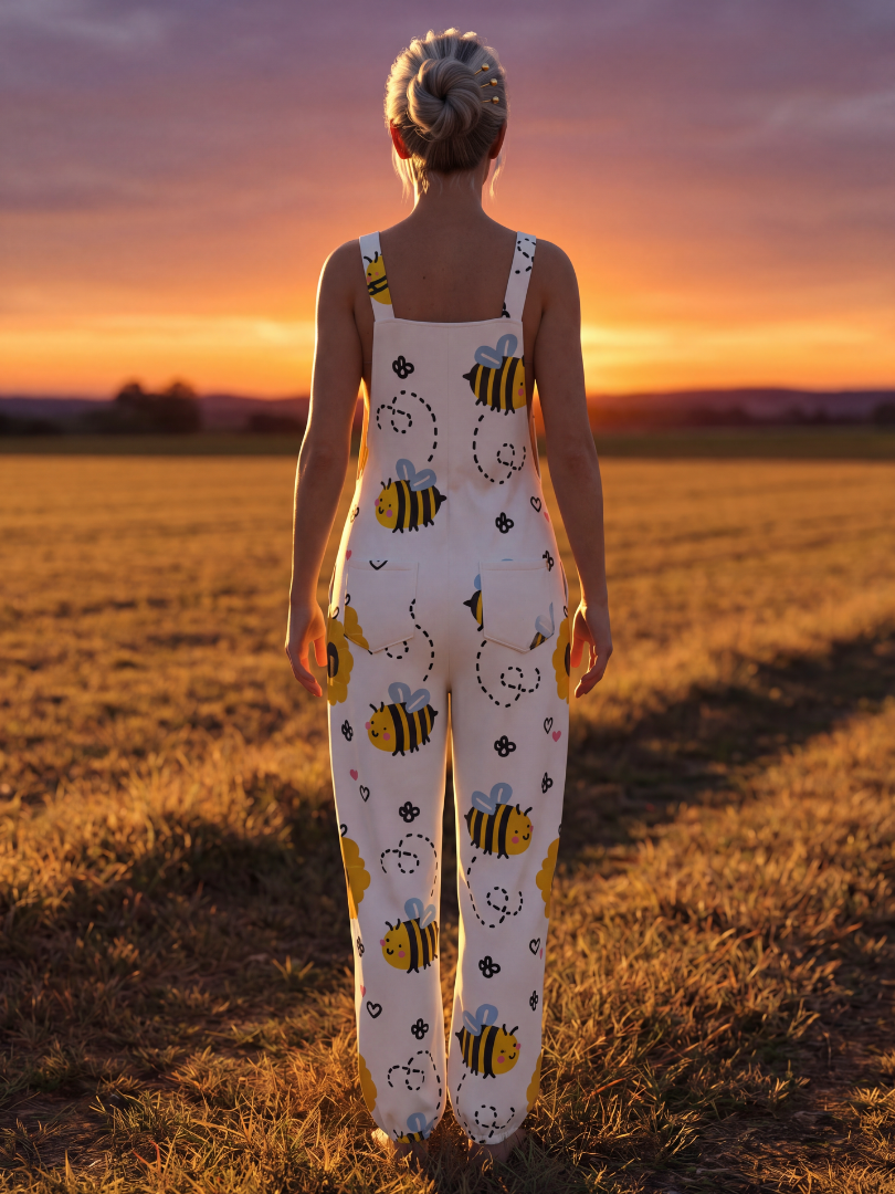 Lena | Jumpsuit med vida ben i vitt med bi- och blomtryck