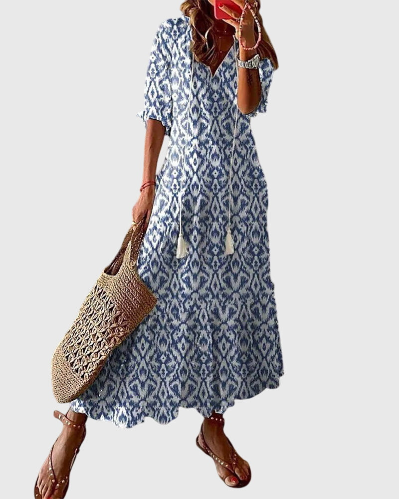 Elsa | Boho Vintage Sommardress i Ljus Bomull med Traditionell Vävning, Blå