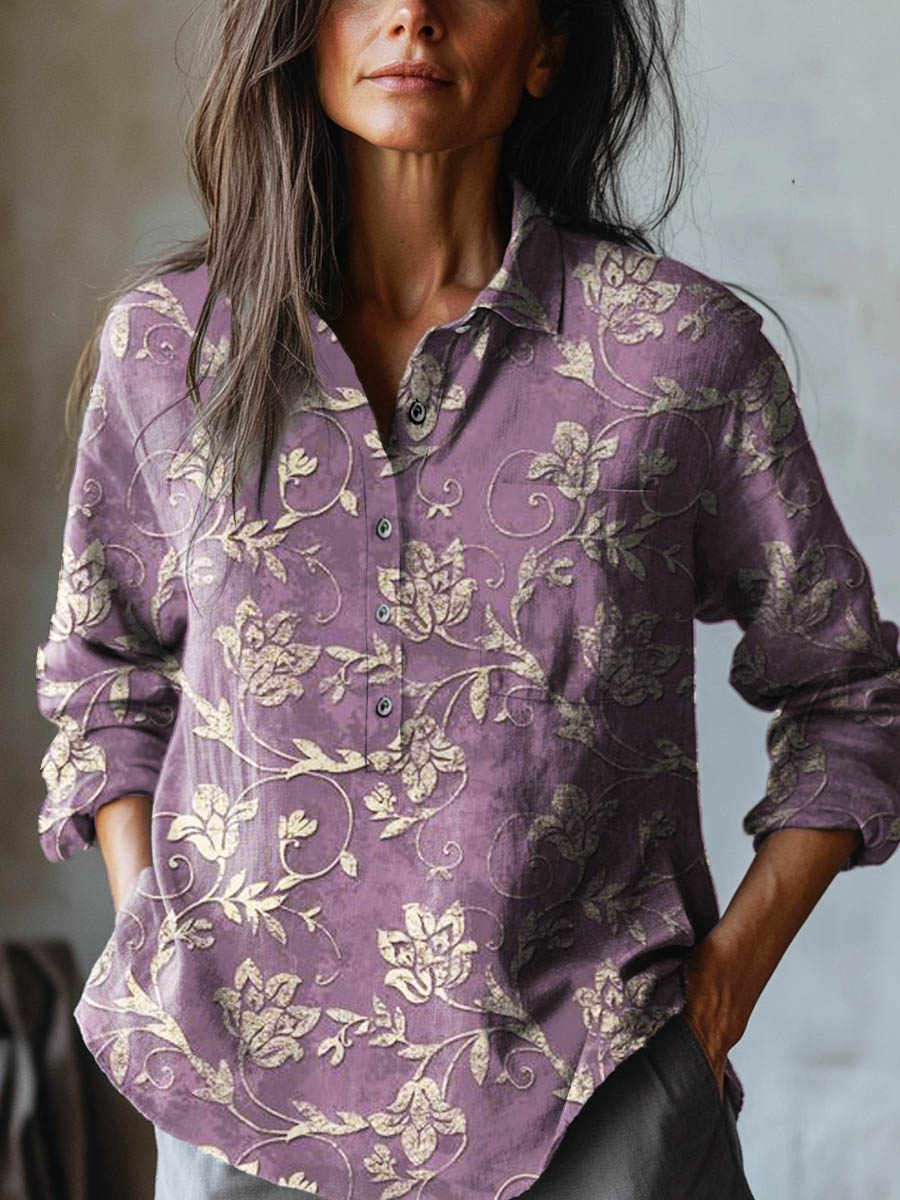 Sanna | Blommönstrad Broderad Linne Skjorta i Naturvit