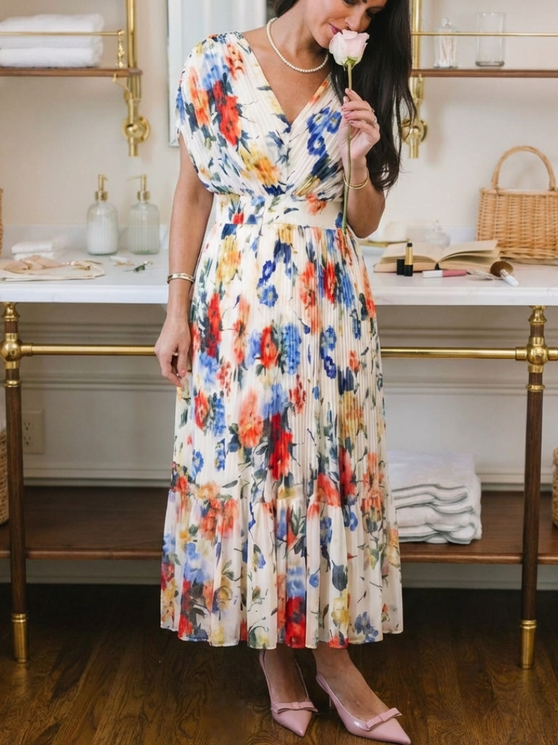 Maria | Plisserad Blommig Maxiklänning