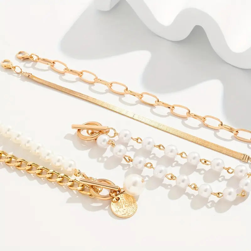 Agnes | Elegant guldarmband 4-delars set med orm, pärlor och länkar