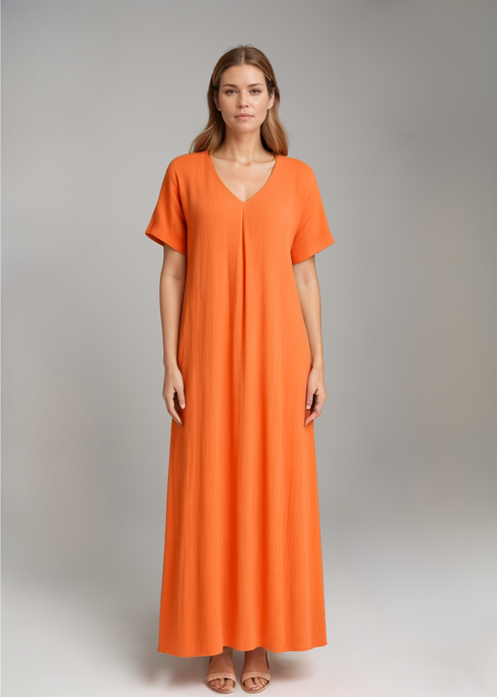 Elsa | Ljus Midi Klänning i Klassisk Snitt Orange
