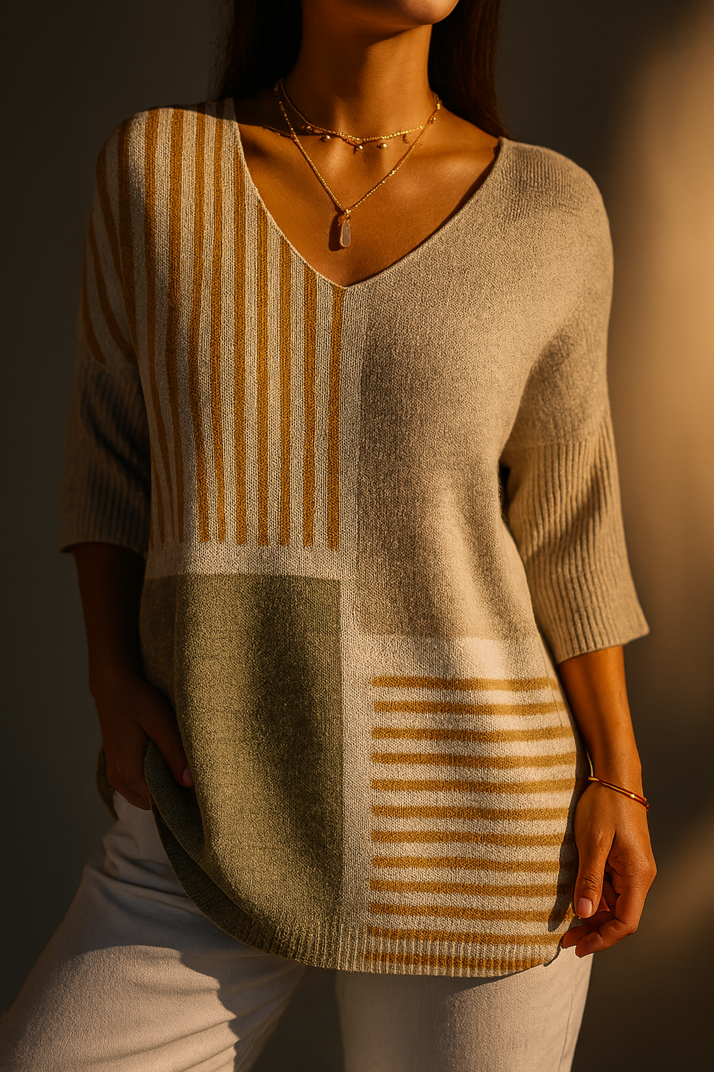 Sigrid | Abstrakt Geometrisk Stickad Topp i Beige
