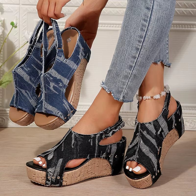 Anna | Klacksandaler i Kork och Denim, Blå